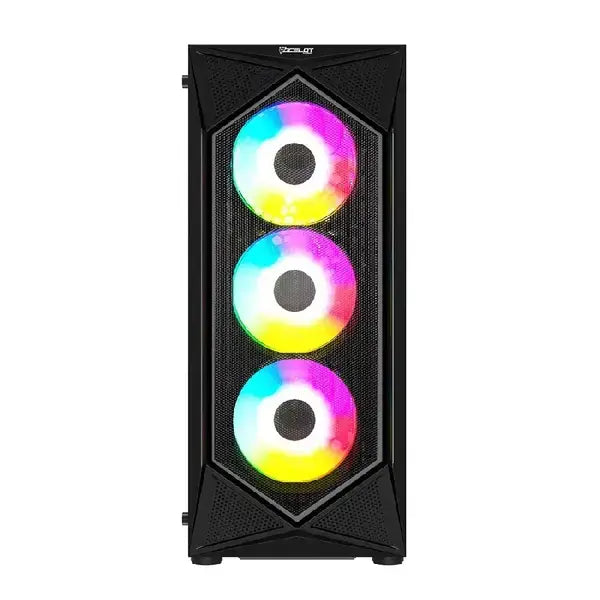 GABINETE OCELOT GAMING POLYGON-E5 / MID TOWER / ATX / PANEL LATERAL DE CRISTAL TEMPLADO Y FRONTAL EN MESH / INCLUYE 4 VENTILADORES / ENFRIAMIENTO LIQUIDO HASTA 240MM / GPU HASTA 295MM / COLOR NEGRO - Digital Rabbit