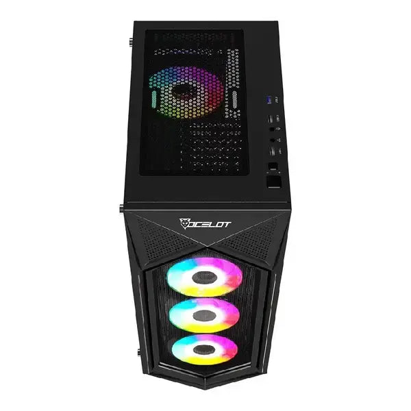 GABINETE OCELOT GAMING POLYGON-E5 / MID TOWER / ATX / PANEL LATERAL DE CRISTAL TEMPLADO Y FRONTAL EN MESH / INCLUYE 4 VENTILADORES / ENFRIAMIENTO LIQUIDO HASTA 240MM / GPU HASTA 295MM / COLOR NEGRO - Digital Rabbit