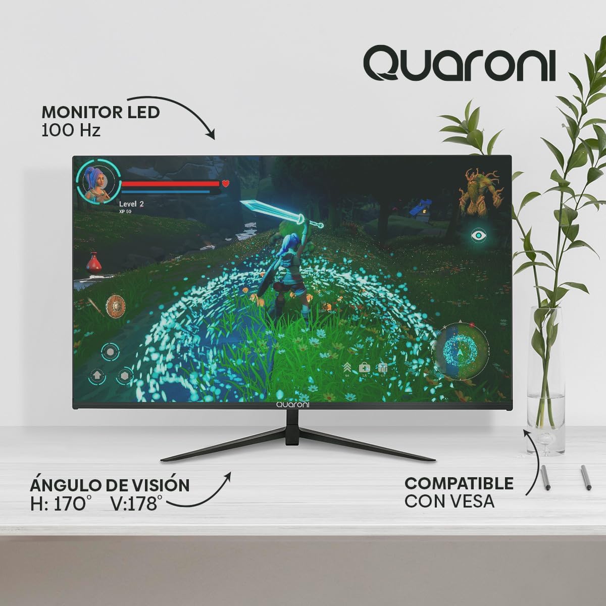 MONITOR QUARONI MQ27-02 | 27 PULGADAS | PANEL VA | FULL HD | 100HZ | HDMI | VGA | BOCINAS INTEGRADAS | NEGRO | MQ27-02