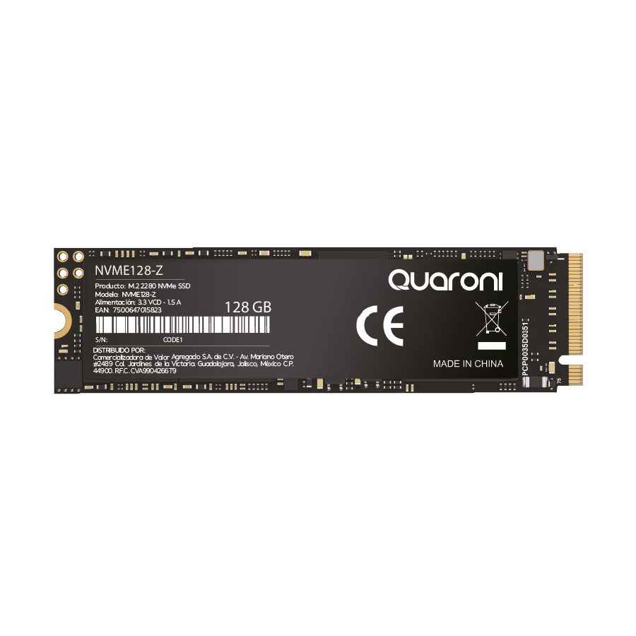 UNIDAD DE ESTADO SOLIDO M.2 NVME QUARONI/128GB/PCIE/3.0X4/LECT 2000MB/S/ESCRIT 1600MB/S